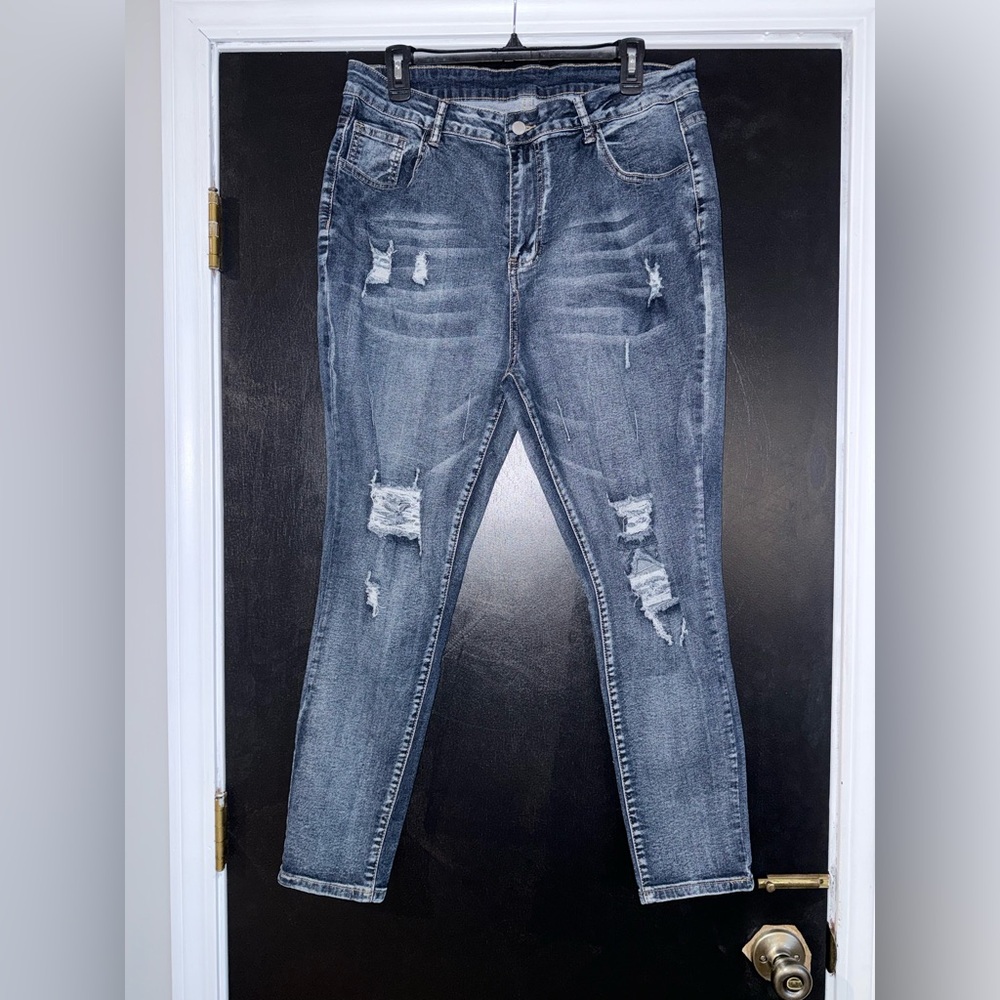 SHEIN Blue Distressed Skinny Jeans, 2XL